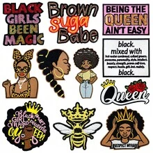 Ensemble de patchs thermocollants brodés Magic Melanin Queen, couronne rose, Respect My Hair, Brown Babe, slogan Black Pride, applique à coudre pour veste en jean, chapeau, sac à dos, décoration DIY - B-noir - Voir 2