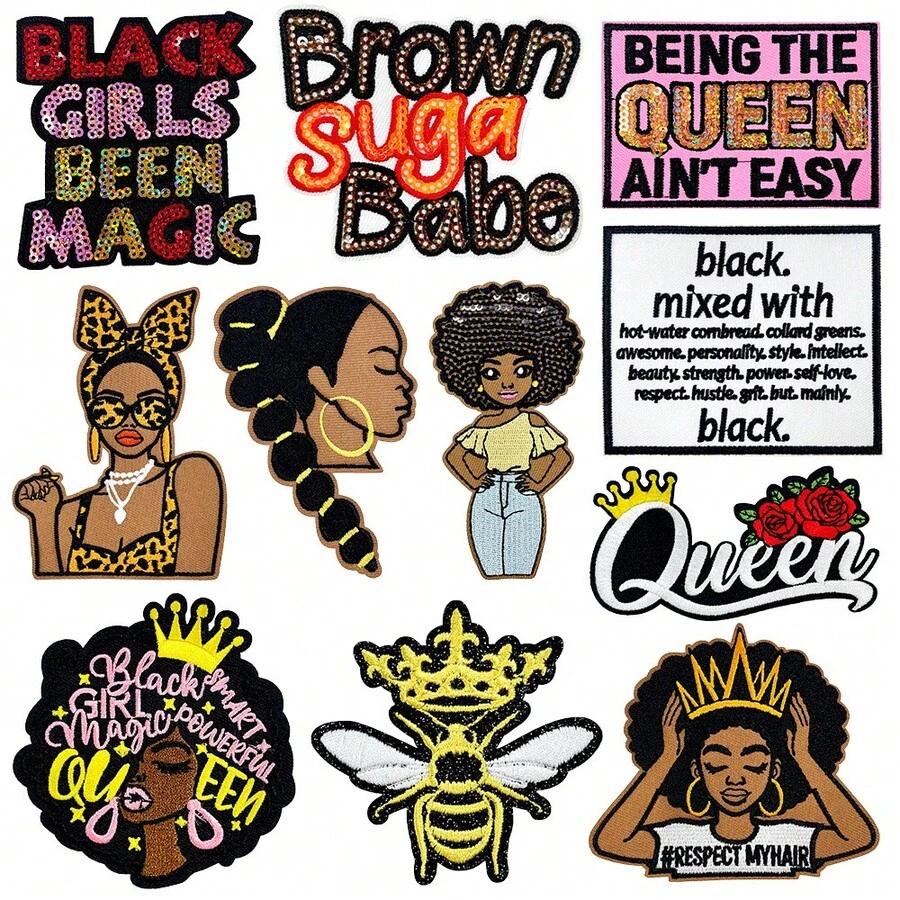 Magic Melanin Queen Embroidered Iron On Patches Set, Crown Rose, Respect My Hair, Brown Babe, Black Pride Slogan Sew On Applique For Denim Jacket Hat Backpack DIY Decor - B-Black - View 1
