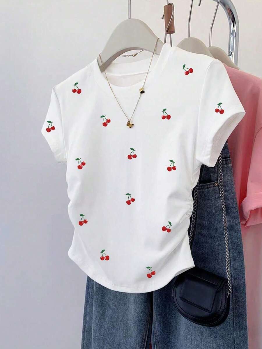 Resyla Versatile Short Sleeve Blouse With Gathered Waist, All-Over Cherry Print, For Summer - Blanco - View 1