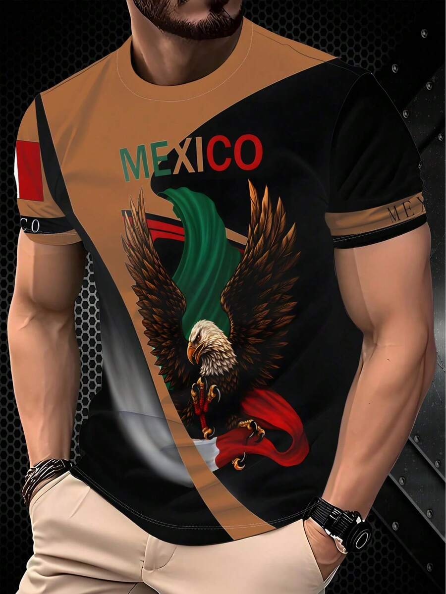 Men's Breathable Quick-Drying T-Shirt - Mexican Eagle Pattern In Green, White, And Red - Lightweight Activewear For Fitness, Travel, And Casual Wear - Fashionable Printed T-Shirt - 彩色 - 查看 1