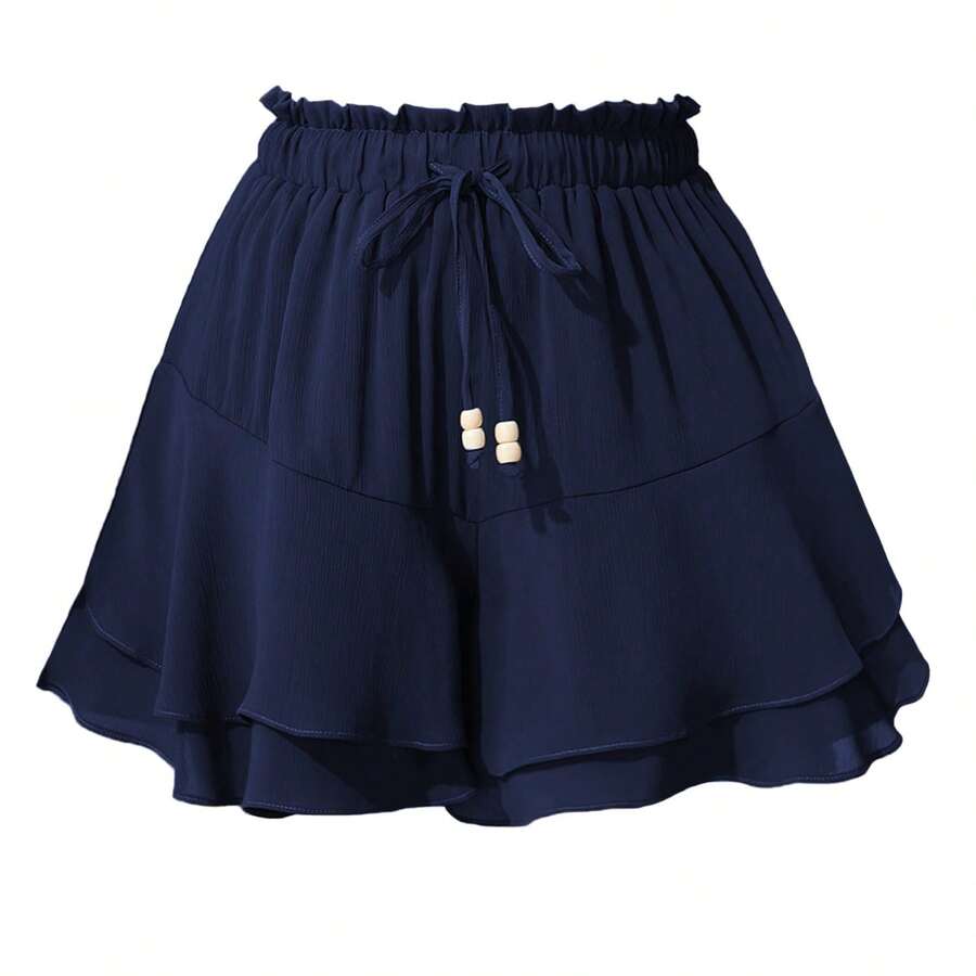 Double-Layer Culottes With Ruffles, Elastic Waistband And Adjustable Drawstring: A Casual And Sporty Design Intended To Prevent Accidental Exposure. - 卡其色 - View 1