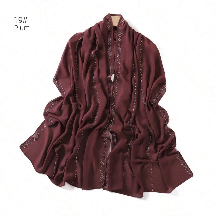 1 Piece Solid Color Rhinestone Chiffon Hijab, Elegant Faux Rhinestone Headscarf, Sunscreen Shawl For Women, Ideal For Dresses. - 芥末黃 - 查看 1