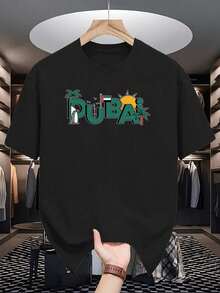 Camiseta Casual para Hombre con Estampado de Dubái - Manga Corta, Cuello Redondo, Estilo Veraniego, Estampado Vibrante de Palmeras y Rascacielos, Amarilla, Tela Ligera - Negro - Ver 1