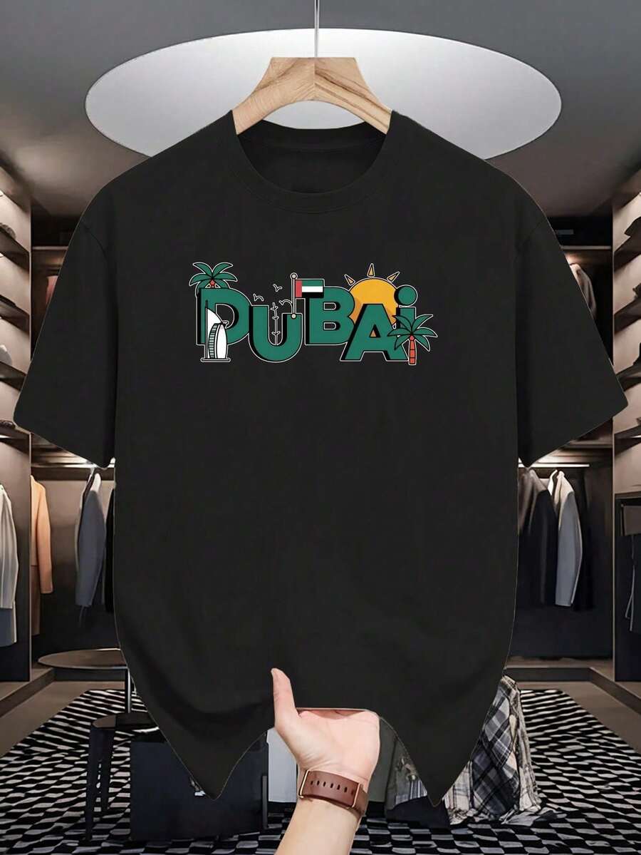 Camiseta Casual para Hombre con Estampado de Dubái - Manga Corta, Cuello Redondo, Estilo Veraniego, Estampado Vibrante de Palmeras y Rascacielos, Amarilla, Tela Ligera - Negro - Ver 1