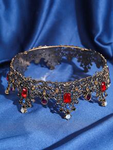 Luxury Colorful Crystal Baroque Tiara, Royal Queen Crown Wedding Hair Accessory - Red - View 5