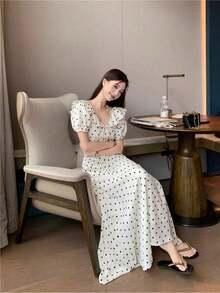 Women Long Dresses - White Polka Dots - View 3