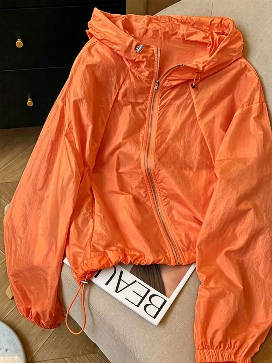 Women's New Summer White Loose Long Sleeve Zipper Hooded Lightweight Breathable UV Protection Jacket