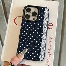 1pc TPU Material Navy Blue Polka Dot Lace Edge Pattern Phone Case Compatible With IPhone 17 Pro Max/17/16 Pro Max/15/13/12/11/ S20 FE/A15/S24/A55/ Note 11/Note 12/Note 13 Pro Full Coverage Anti-Drop Soft Shell Protective Cover - Black - View 1