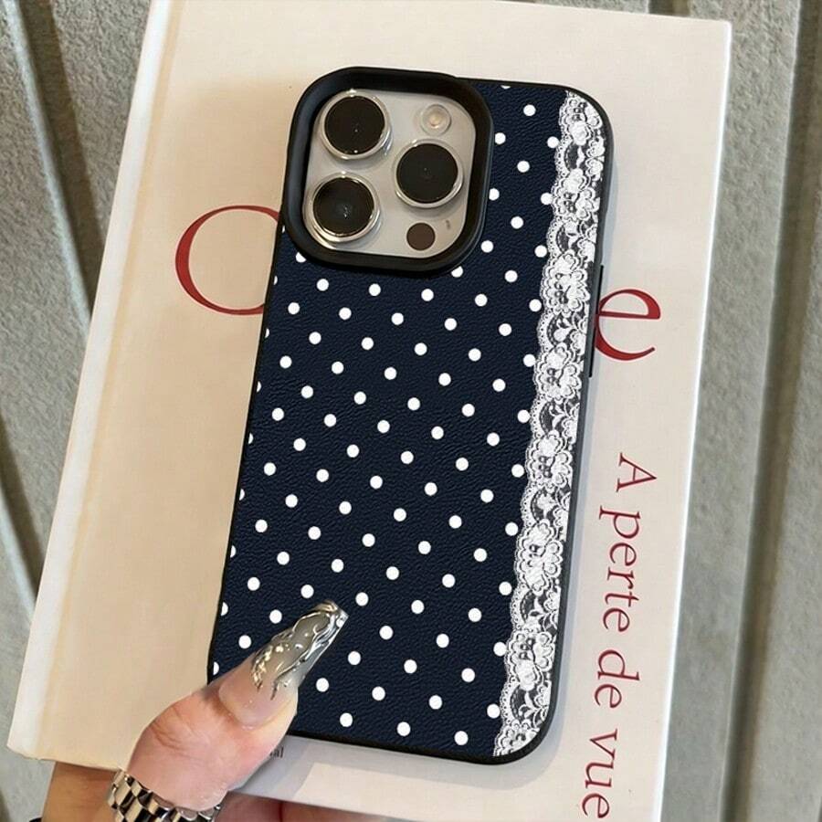 1pc TPU Material Navy Blue Polka Dot Lace Edge Pattern Phone Case Compatible With IPhone 17 Pro Max/17/16 Pro Max/15/13/12/11/ S20 FE/A15/S24/A55/ Note 11/Note 12/Note 13 Pro Full Coverage Anti-Drop Soft Shell Protective Cover - Black - View 1