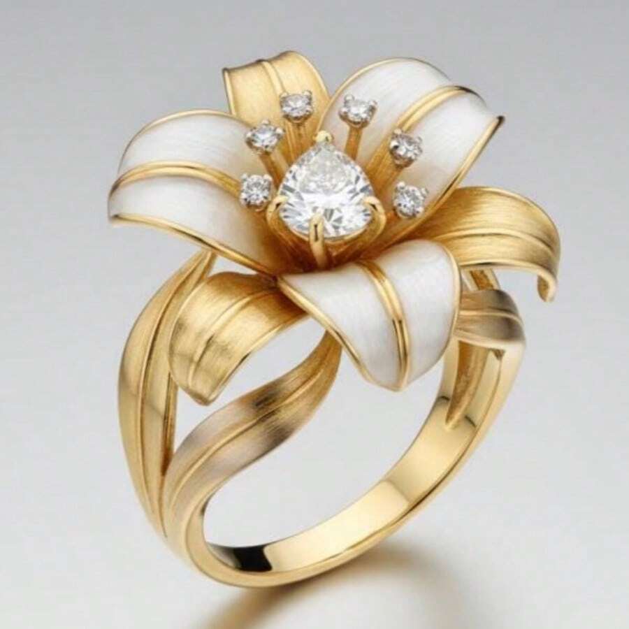 Enamel Lily Zirconia Inlaid Ring, Gentle And Romantic, Ideal Anniversary Gift - Gold - View 1