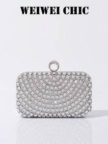 Bolso de noche elegante con pedrería, diseño de hebilla en forma de anillo, correa de cadena plateada desmontable, bolso de fiesta formal brillante, esencial para bodas y bailes de primavera/verano, perfecto para banquetes, fiestas de boda, cenas de cumpleaños y eventos nocturnos - Plateado - Ver 3