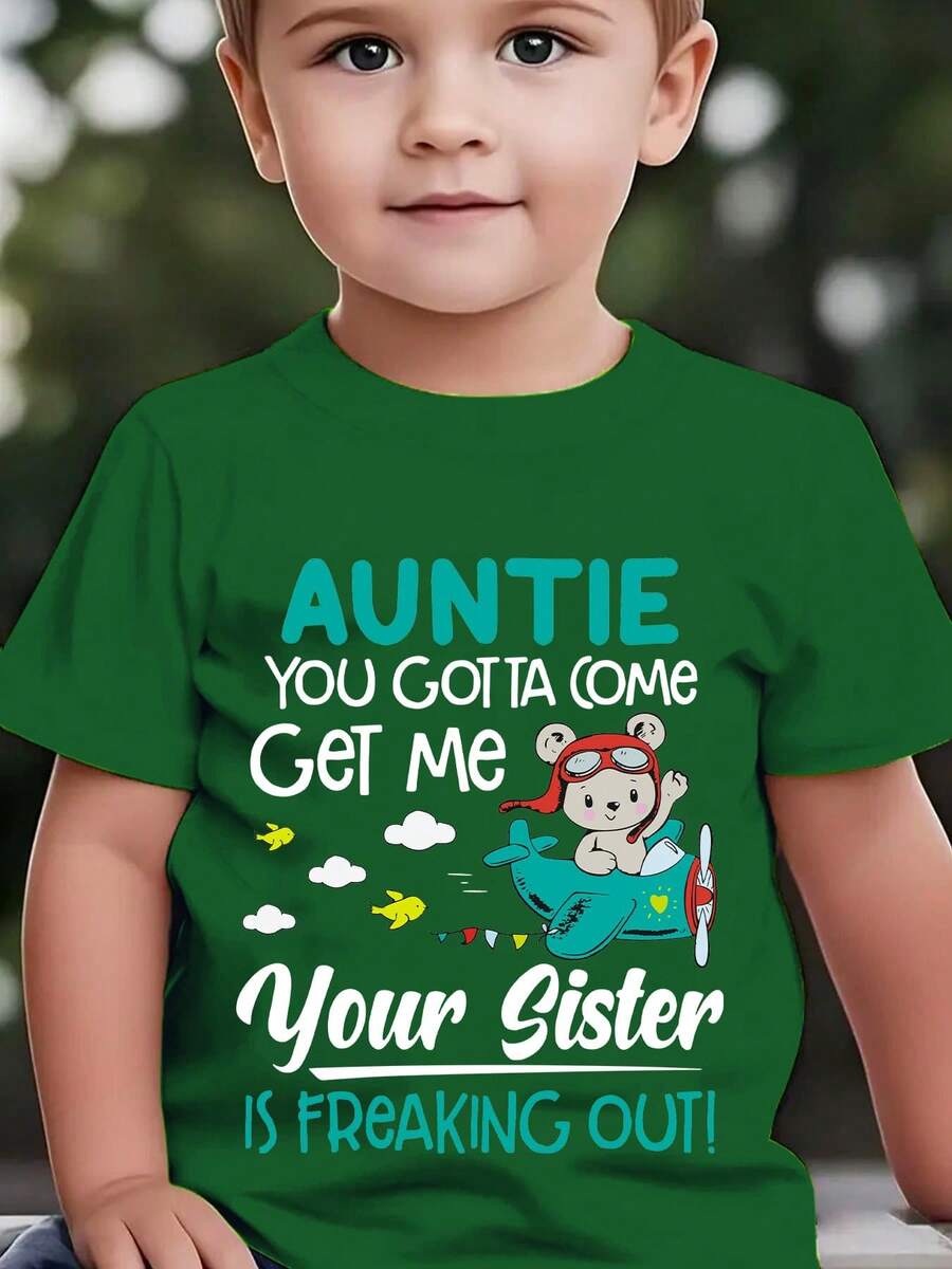 Fashionable Summer Short-Sleeved T-Shirt For Children With The Print "AUNT, YOU HAVE TO COME! Your Sister Is Going Crazy!" Featuring A Bear With Flight Gear Flying An Airplane, N - 墨綠色 - 查看 1
