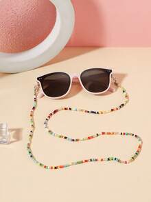 1 Set 1 pieza Gafas de moda cuadradas casuales para niños de 5-9 años, marco de PC rosa & blanco con lentes grises, con 1 pieza de cadena de gafas con cuentas, adecuadas para uso diario al aire libre, incluye estuche de gafas - Multicolor - Ver 7