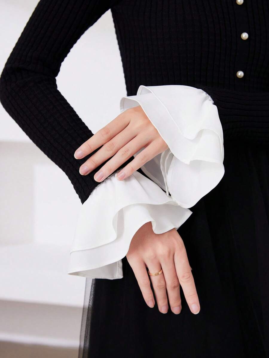 1 Pair Women's Fabric Bell Sleeve Cuff Decor, Suitable For Outing And Party Matching - White-102 - View 1