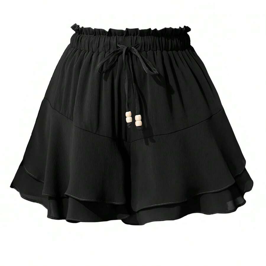 Double-Layer Culottes With Ruffles, Elastic Waistband And Adjustable Drawstring: A Casual And Sporty Design Intended To Prevent Accidental Exposure. - Black - View 1