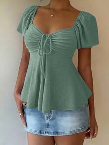 Women's T-Shirt, Modern And Elegant, New For Spring/Summer, Y2K Style, Solid Color, Jacquard, Comfortable And Breathable, With V-Neck, Adjustable Drawstring And Short Sleeves - 綠色 - 查看 3