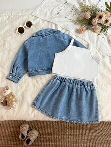 Baby Girl Pastoral Style Early Autumn Daisy Print Jacket + Solid White Camisole + Matching Pleated Skirt 3-Piece Set, Perfect For Outings / Photography, Versatile For Daily Wear - Light Wash - View 3