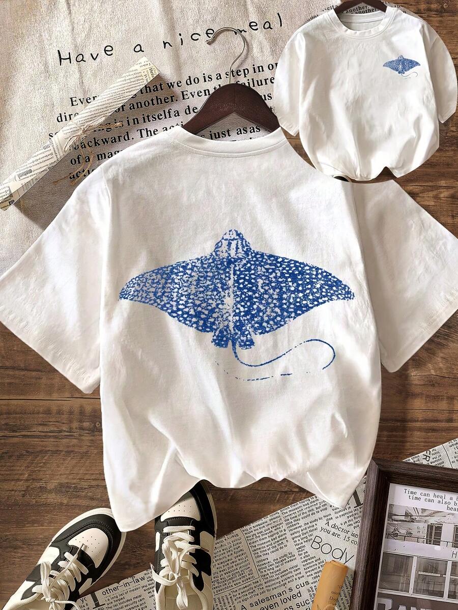 Women's Fishing Fish Print T-Shirt, Summer Clothes, Vacation Clothes, Beachwear, Casual Short Sleeve Crew Neck T-Shirt - 白色 - 查看 1