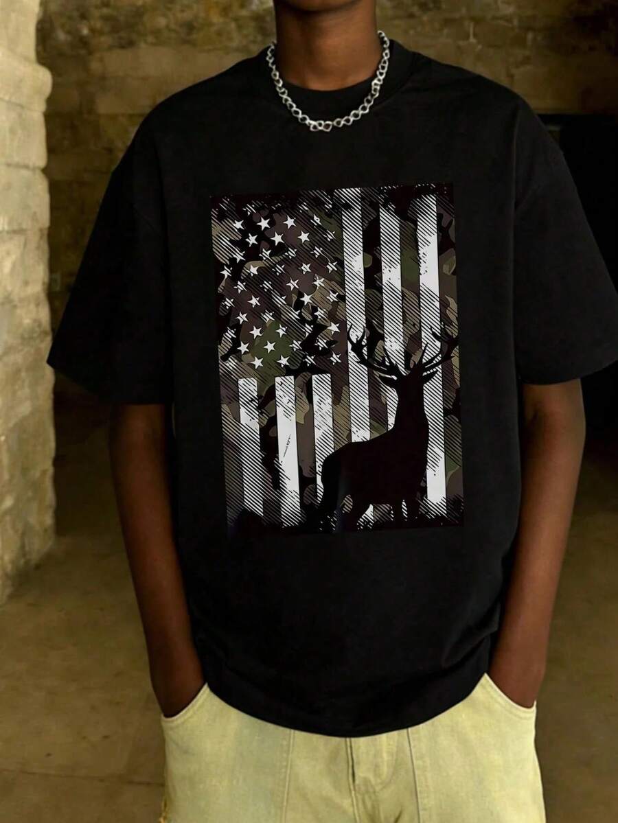 Women's Teen Girl Tops Cotton T-Shirt Men's 1 Piece Short Sleeve Flag And Deer Print T-Shirt For Kids, Comfortable And Fashionable For Young Students And Children In Summer - 黑色 - 查看 1