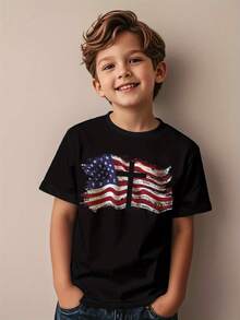 Camiseta negra para niño con diseño retro de la bandera americana y una cruz - estilo moderno y casual, perfecta para el verano y el uso diario, un excelente regalo para jóvenes patriotas y - Negro - Ver 1