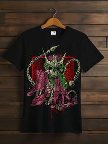 Camiseta de manga corta holgada de talla grande con estampado retro de la armadura de Saint Seiya para Comic Con, para todas las estaciones, para hombre.blusa casual mujer - Negro - Ver 1
