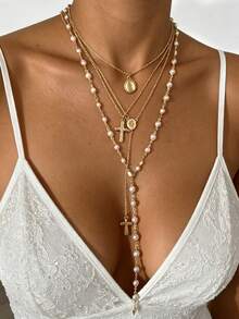 4pcs Y-Shaped Necklace Multi-Layered Stackable Fashion Minimalist Elegant Exquisite Vintage Design Geometric Faux Pearl Cross Round Embossed Texture Minimalist Plain Chain Metal Style Tassel Pendant Multi-Layer Necklace Set Y-Shaped Necklace Holiday Vacation Party Date Gift Daily Commute Wear Personalized - Yellow Gold - View 3