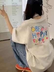 Kaos Wanita Kasual Longgar Leher Bulat Lengan Pendek Motif Huruf & Kartun Gaya Y2K, Serbaguna untuk Musim Semi/Panas - Abu-abu muda - View 7