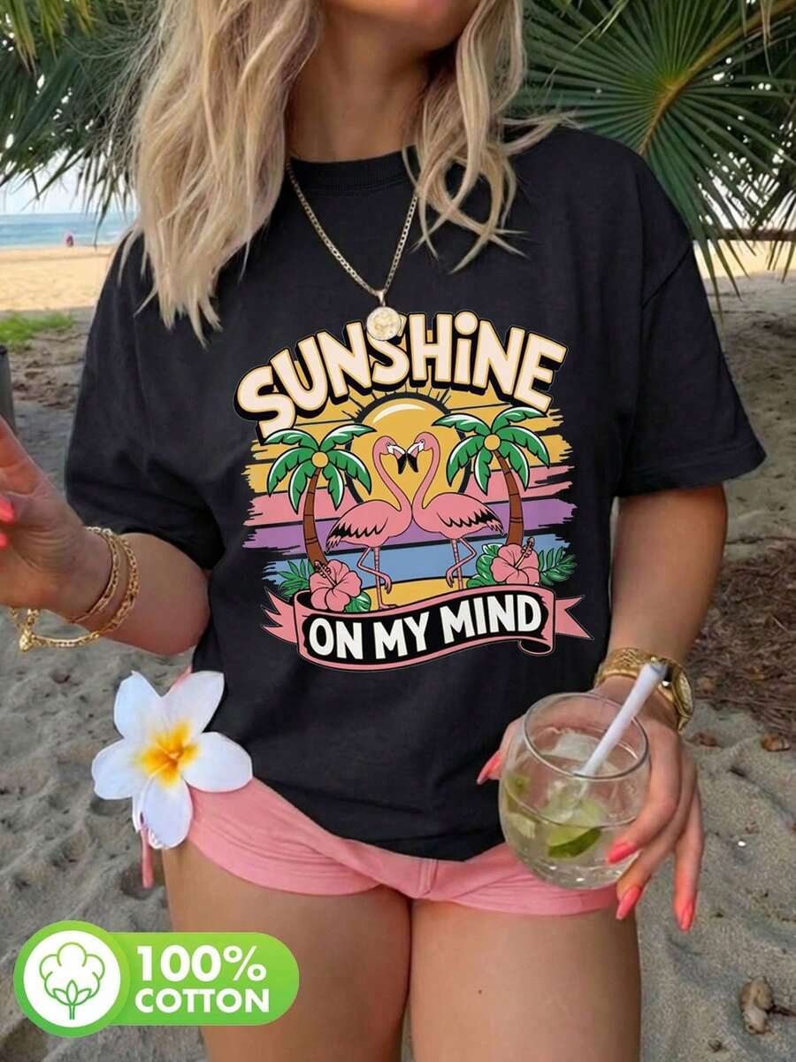 Soft Cotton Summer T-shirtCamiseta básica de algodón para mujer, estilo vintage, con estampado de flamenco, palmera, flor de hibisco y "SUNSHINE ON MY MIND", informal para uso diario, corte - Negro - Ver 1