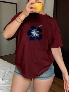 2026 Women's BlousesShort-Sleeve Round-Neck Printed T-Shirt With An Elegant Pleated Design, Modern, Casual, And Simple Style, Perfect For Everyday Outdoor Wear; A Women's Garment Ideal For - 紅色 - 查看 3