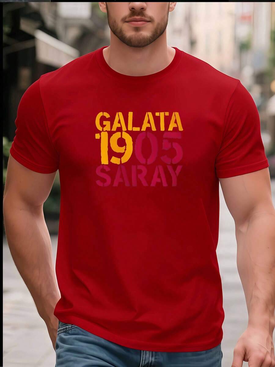 1 Pack Of Men's Crew Neck T-Shirts, Casual Style, With Galata 1905 Saray Letter Print, Adult Clothing Suitable For Adult Men, Daily Wear, Sportswear - 紅色 - 查看 1