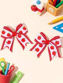 2 pièces/Set Pinces à cheveux nœud imprimé pomme pour filles, accessoires de cheveux mignons avec pince crocodile pour étudiantes, pinces à cheveux quotidiennes pour adolescentes - Rouge - Voir 3