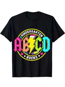 Short Sleeve T-Shirt For Boys And Girls With ABCD Letter Print And Lightning Bolt Kindergarten Rocks Retro Style Fun For Back To School - Black - View 3