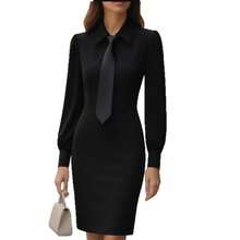 Nuevo vestido de otoño elegante de color sólido con cinturón y manga larga para mujer. - Blanco - Ver 5