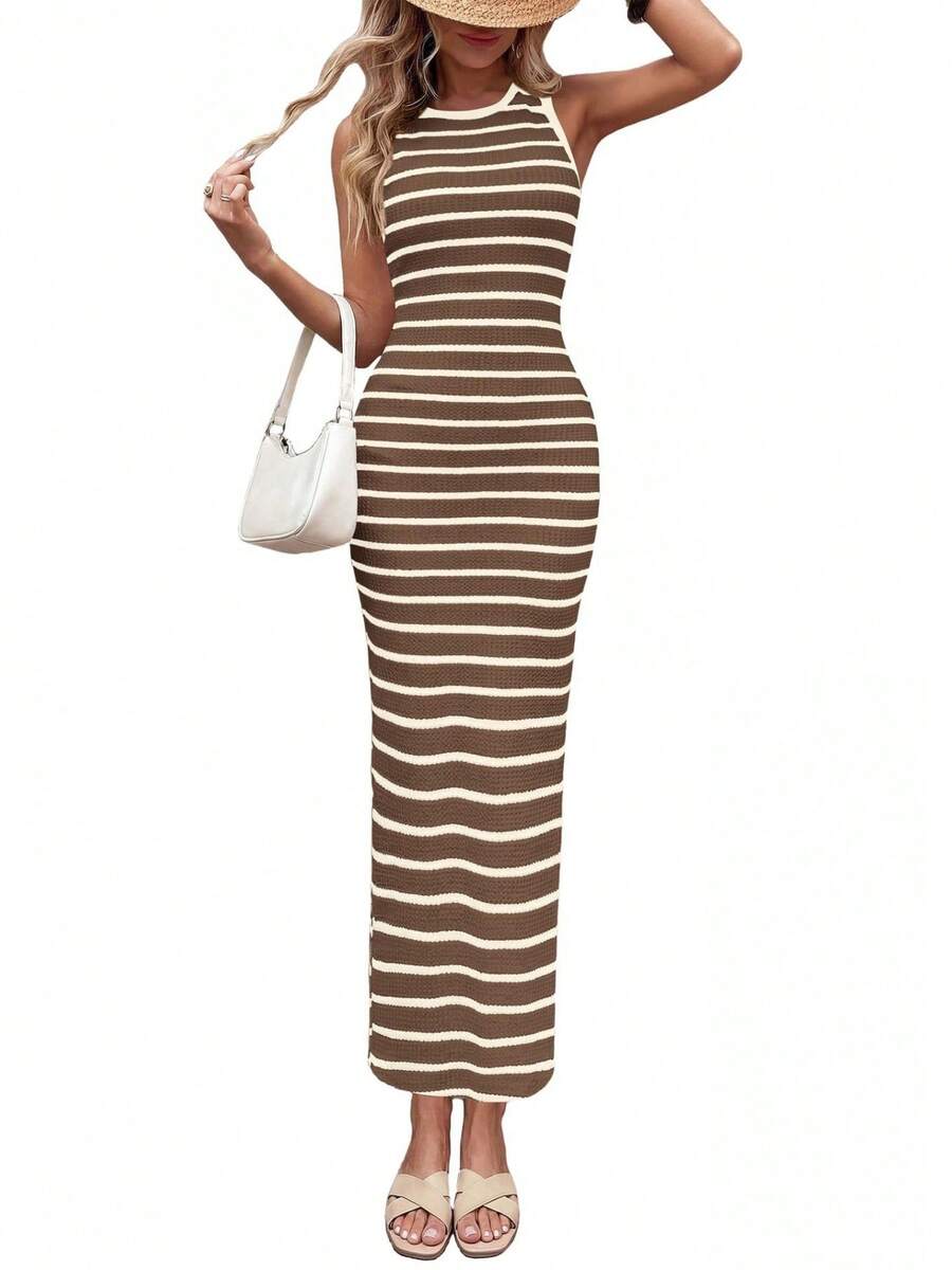 New Striped Dress With Round Neck For Women: Ideal For Any Occasion. - 咖啡 - 查看 1