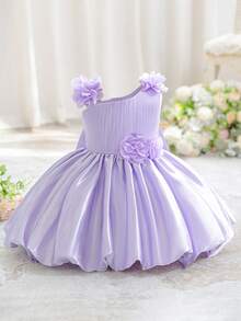 Baby Girls Asymmetrical Shoulder Bow Lace Lily Satin Cute Party Flower Bud Dress Suitable For Flower Girl, Headband Not Included - Mauve Purple - View 3