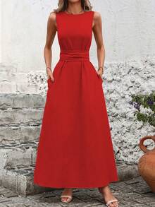 Vestido Casual Sin Mangas con Lazo en la Espalda.Color Sólido, Fresco y Versátil. - Rojo - Ver 11
