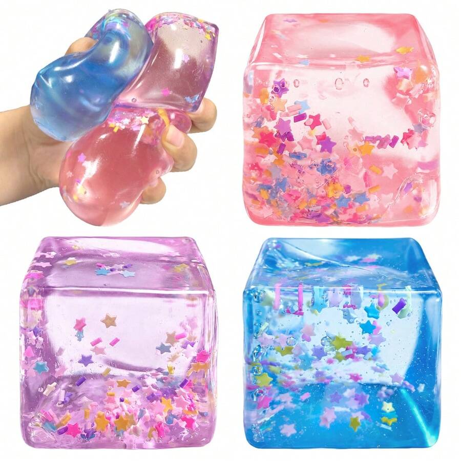 1/3pcs Squeeze Cube Toys, Sensory Toys, Squeeze Toys, Filled With Star-Shaped Glitter, Designed To Relieve Anxiety And Stress; Perfect As Birthday Gifts, Party Favors Or Classroom Rewards. - Multicolor - View 1