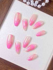 10 Stücke handgefertigte Mandelform Nagelaufkleber mit fluoreszierendem Pulver und Farbverlauf, mit hautfarbenen Streifen. Einfaches, sanftes rosa Design, geeignet für Frauen und Mädchen für Dates, alltägliche Ausflüge und zum Tragen. Nägel - Verschiedenfarbig - Übersicht 5