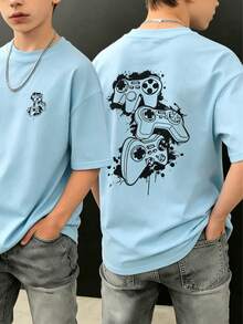 1pc Tween Boy Video Game Graphic Print Short Sleeve T-Shirt, Summer Top For Young Students - Baby Blue - View 1