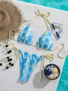 夏季女款性感V領綁帶波希米亞風高彈力側綁比基尼套裝，適合海灘度假 - 彩色 - 查看 3