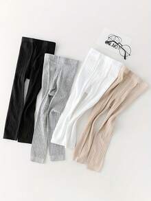 1/4 Pack Baby Girl All-Match Ribbed Solid Color Tight Leggings, Spring/Autumn/All-Season Versatile Tights For Daily Wear - Multicolor - View 4