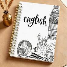DANPERJI 1PC A5 Spiral Paper Notebook, Minimalist Line Art Big Ben Statue Liberty Globe Print English Subject Journal, White Clean Language Learning Diary, Back To School Supplies, Language Study Gift For English Learners - Multicolor - View 1