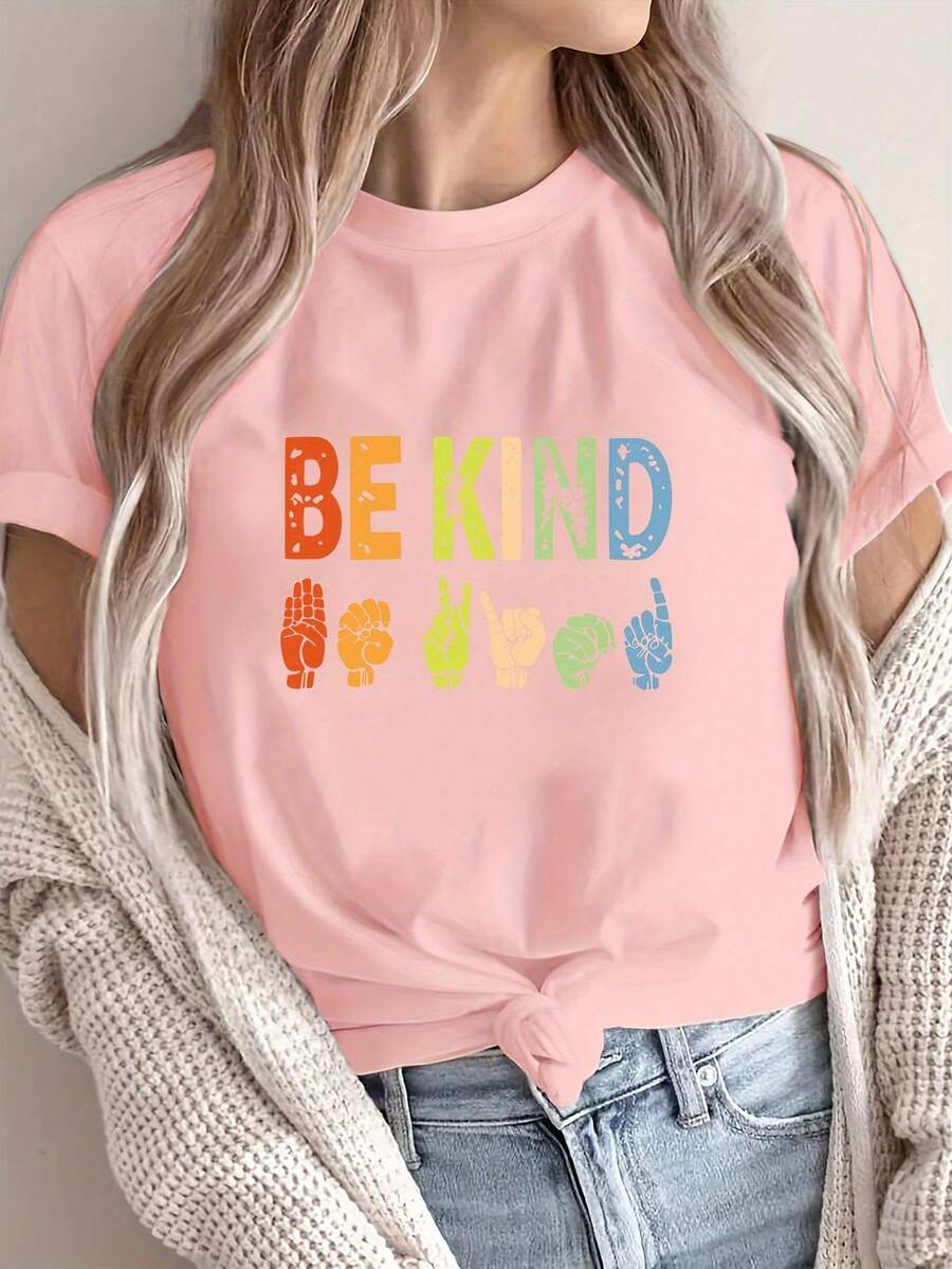 Colorful "Be Kind" Print, 100% Polyester Knit Fabric, All-Season Short-Sleeved T-Shirt, Casual Wear. | Fashionable Casual Top | Stretchy Material, RTNC Women's T-Shirt - 粉紅色 - 查看 1