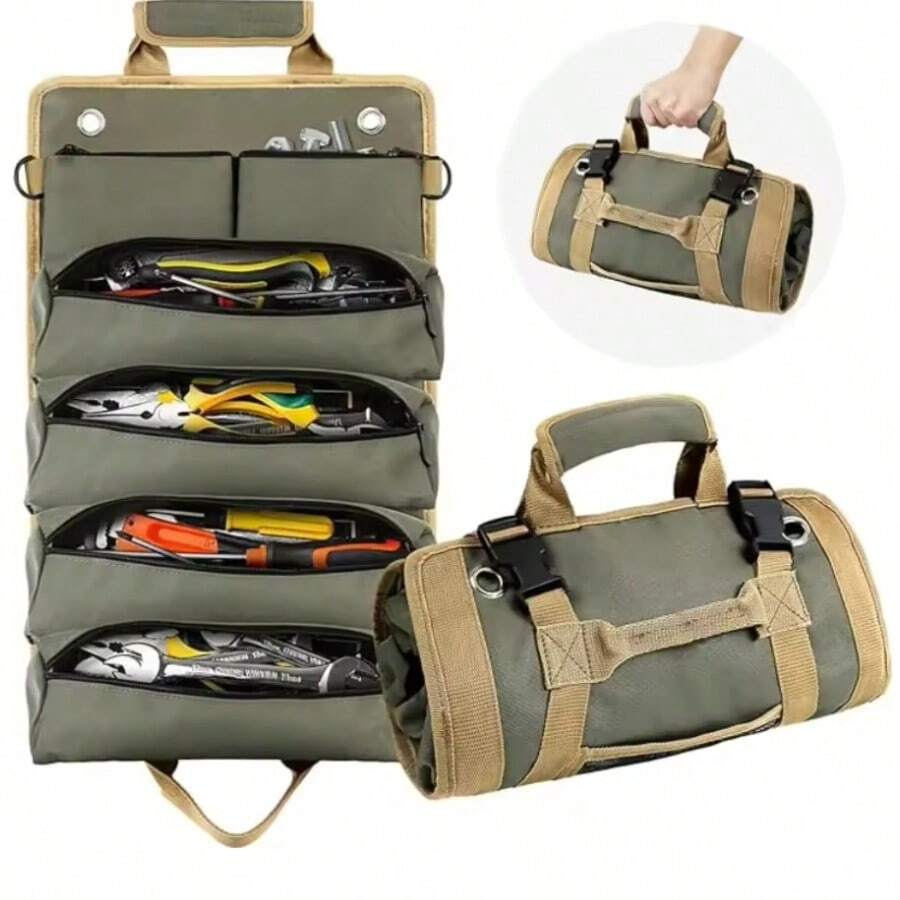 [Heavy Duty Tool Bag] 1pc Heavy Duty Waterproof Tool Organizer Bag With Portable Roll-Up Design, Multiple Compartments, Adjustable Shoulder Strap, Durable Green Fabric, Zipper Closure, Perfect For Organizing Hand Tools And Small Items, Electrician Tool Bag - Coffee Green - View 1