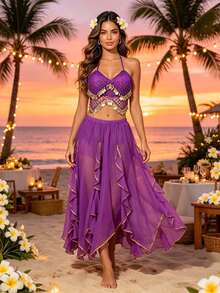 Belly Dance Sequin Coin Mesh Halter Crop Top, Gold Trim Flowy Chiffon Maxi Skirt For Beach Vacation & Stage Performance - Multicolor - View 15