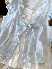 Elegante conjunto de dos piezas de imitación de camisa, vestido babydoll plisado, juvenil y holgado para mujer. - Azul - Ver 4