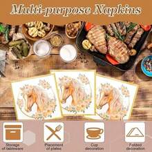 25/50/100pcs Floral Horse Head Pattern Gold Rim Disposable Paper Napkins, Bohemian Style Exquisite Horse Head Floral Party Napkins With Gold Foil Edge Decoration, Suitable For Birthday Party, Equestrian Theme Wedding, Picnic Gathering, Baby Shower, Bridal Shower, Wedding And Afternoon Tea Table Decor - Multicolor - View 5