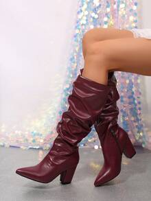 2024 New Women's Chunky High Heel Elastic Slim Fit Sock Boots Mid-Calf Ankle Boots - Burgundy - View 2