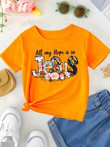 Camiseta de cuello redondo para niñas con estampado de letras y flores "Toda mi esperanza está en Jesús", dulce y versátil. - Negro - Ver 2