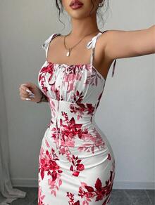 Women's Floral Mermaid Maxi Dress With Thin Straps And Bow, Square Neck, Ruched, Bodycon, For Wedding Guests, Beach Vacations And Date Nights. - 紅色 - 查看 3